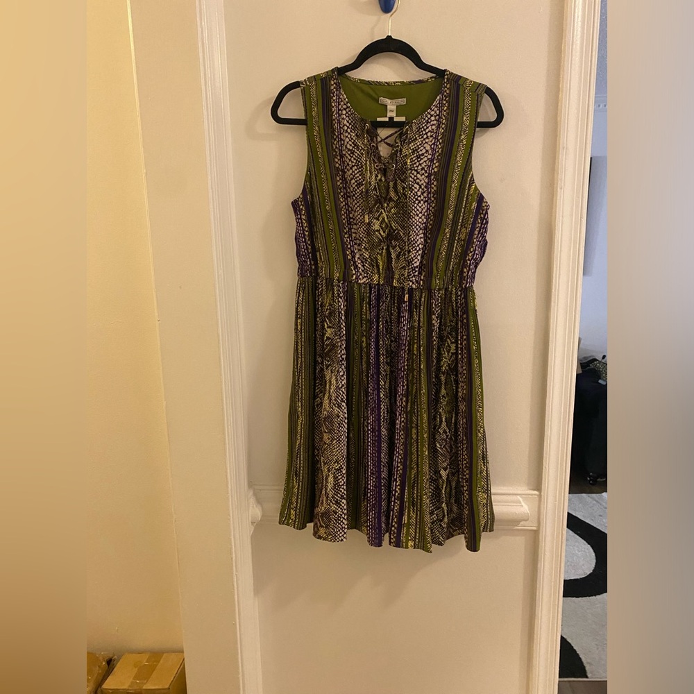 Dana Buchman Sleeveless Striped & Snake Print Dress in Olive and Purple
